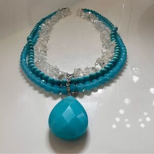 Vintage Turquoise & Clear quartz Beaded Necklace tiered layered crystal pendant
